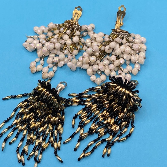 Vintage Cha Cha Seed Bead Earrings Long Two Pairs Cluster 1980's Clip Ons - Picture 4 of 9
